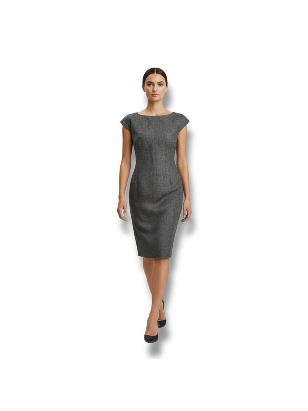 Façonnable Gray Linen Cotton Sheath Dress Size 6 Midi Cap Sleeve Boat Neck